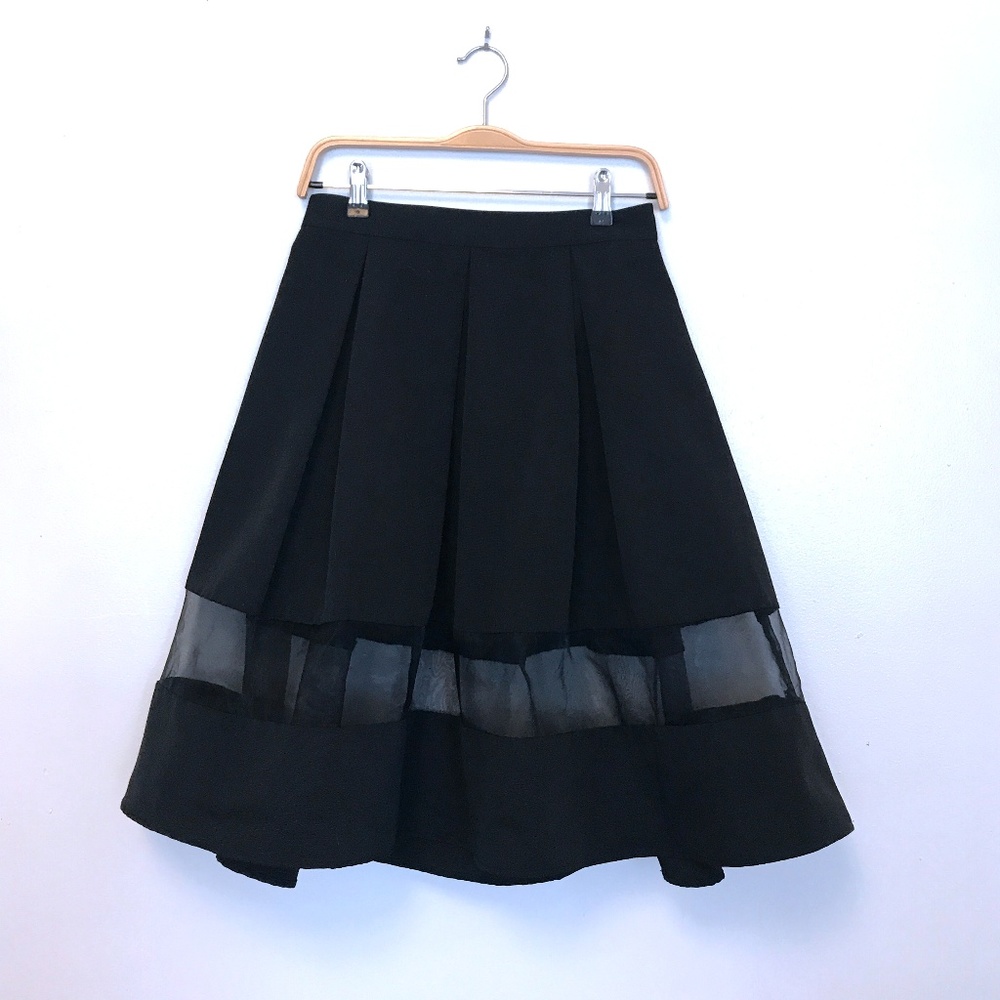 High Waisted Pleated Midi Skirt With Sheer Panel